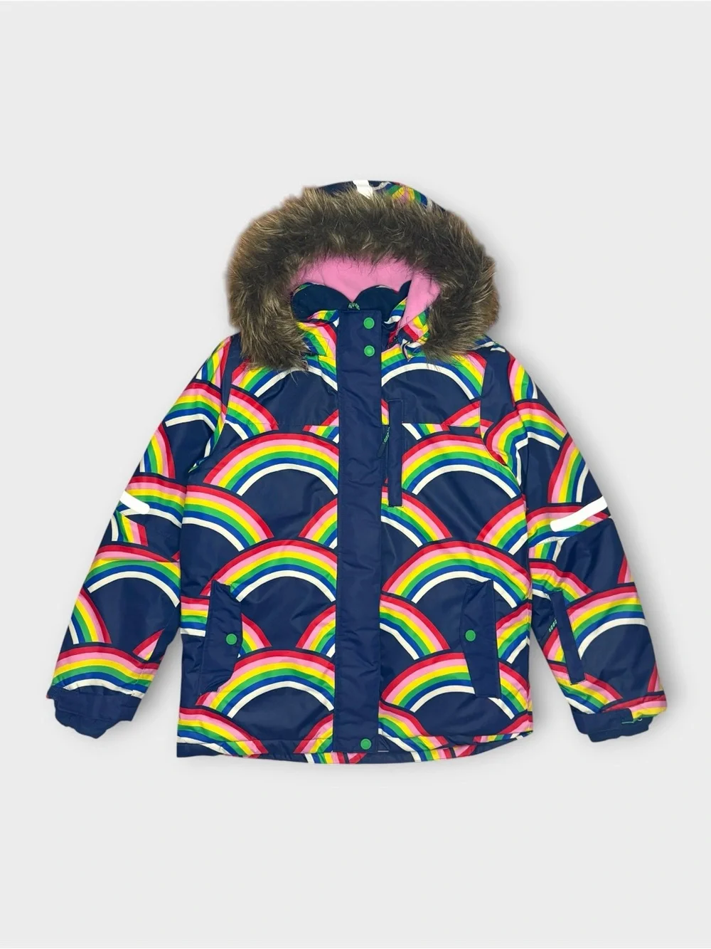 Mini Boden All Weather Waterproof Hooded Fur Rainbow Pattern Blue Powder Coat